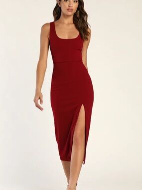 NWT Lulus Sultry Elegance Wine Red Cutout Bodycon Midi Dress